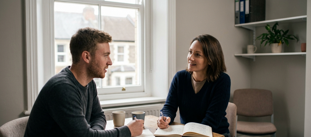 Determination in leadership — manager holding a calm one-to-one conversation