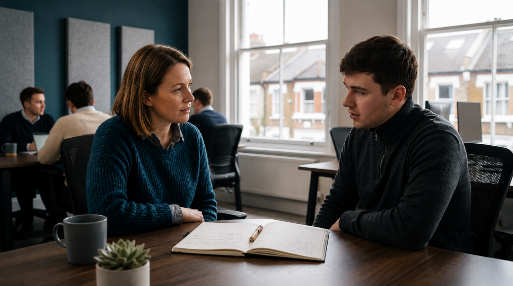 Difficult feedback — manager giving honest feedback in a calm conversation