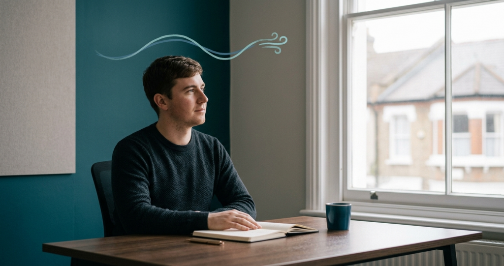Manager pausing at a desk to build a calmer leadership mindset before reacting.