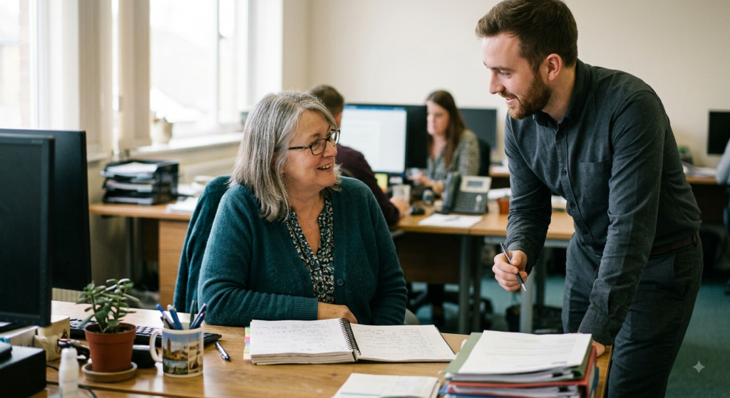 Managing tenured employees — a manager consulting an experienced team member