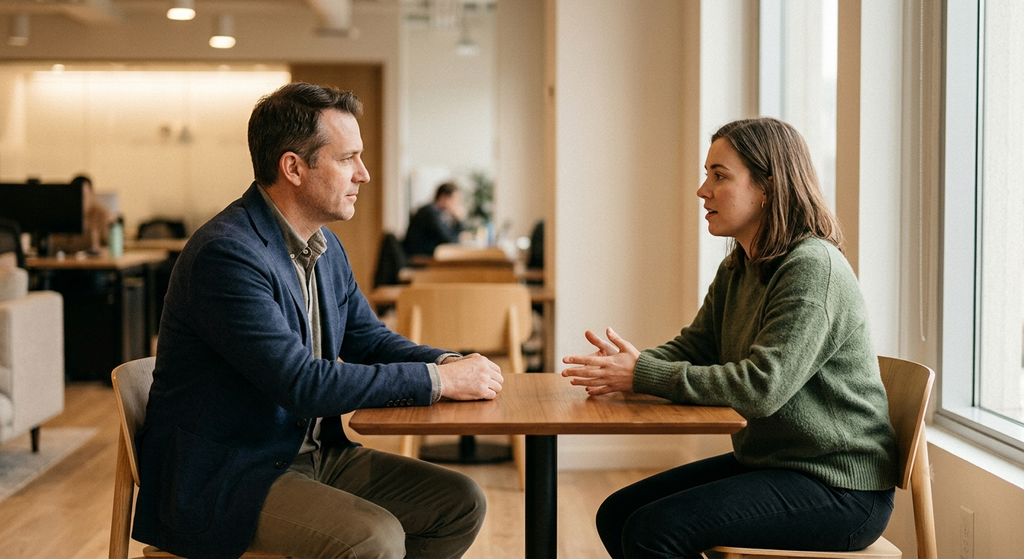 A manager listening closely in a one-to-one conversation, showing the human steadiness behind whether AI can replace a manager.