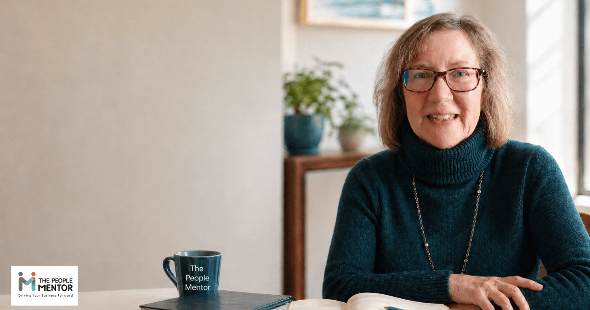 Nicola Richardson seated at a desk with an open notebook and a People Mentor mug.